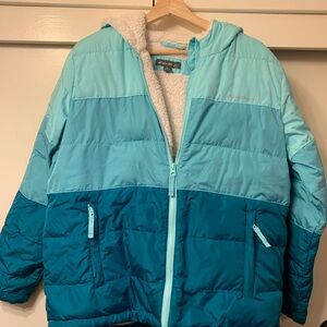 Eddie Bauer Classic Down Puffer Sherpa Jacket Coat Hooded Aqua Girls XL.
